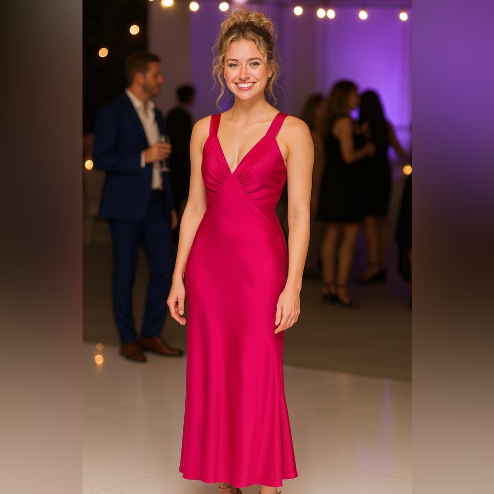House of Harlow 1960 Magenta Satin V-Neck Maxi Dress